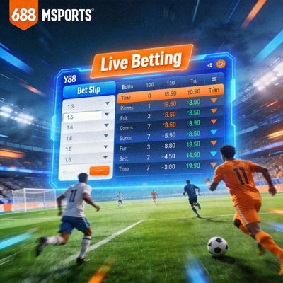 Animasi proses taruhan langsung (Live Betting) pada pertandingan sepak bola di M88 MSports