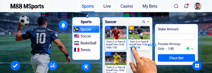 Demo animasi navigasi dan penempatan taruhan di platform M88 MSports